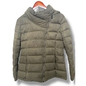 DKNY Puffer Jacket Women's Medium Asymmetrical Zip Hooded Down Blend Green